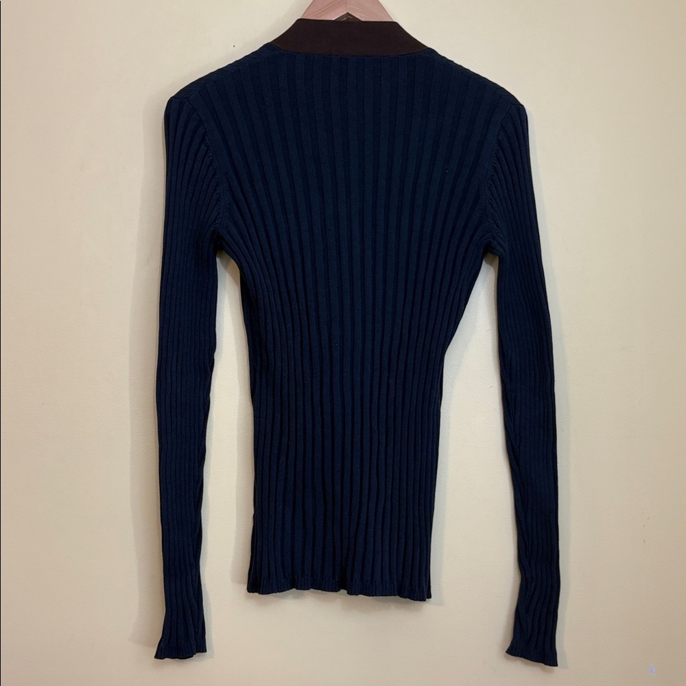 Tory Burch Simone Navy Brown Ribbed 100% Cotton V Neck Button Knit Cardigan S - Picture 13 of 13